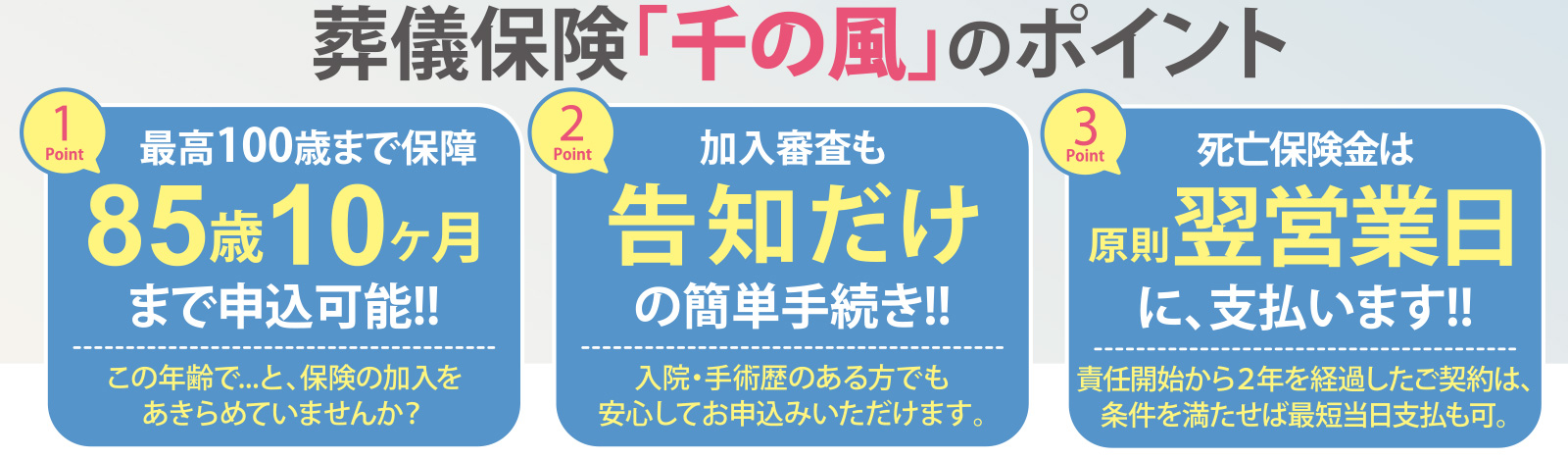 葬儀保険 千の風のポイント（申込年齢・簡単手続き・保険金支払）